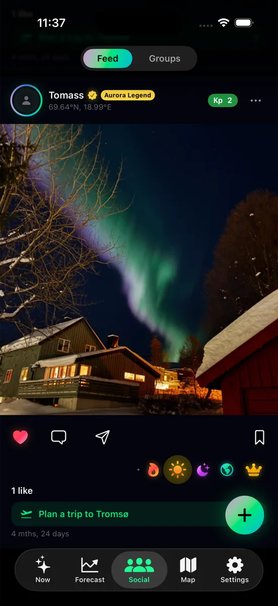 Borealis aurora alert feed post showing northern lights photographed over houses in Tromso, tagged with the exact coordinates and the Kp 2 value recorded at the moment of capture